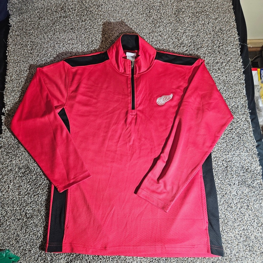 NHL Detroit Red Wings Mens Large Quarter Zip Pullover Red Black Mesh Performance